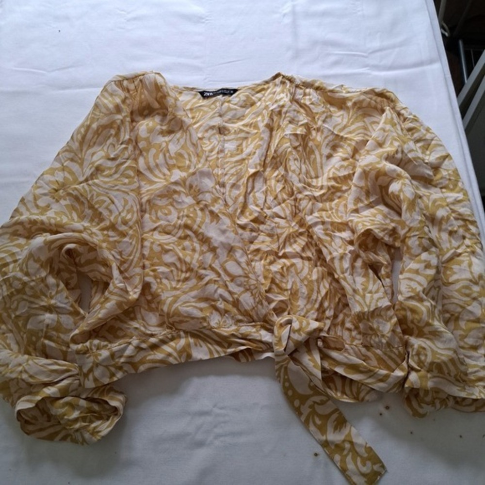 Zara Yellow Floral Damask Print Wrap Blouse Crop Top XL - Picture 8 of 9